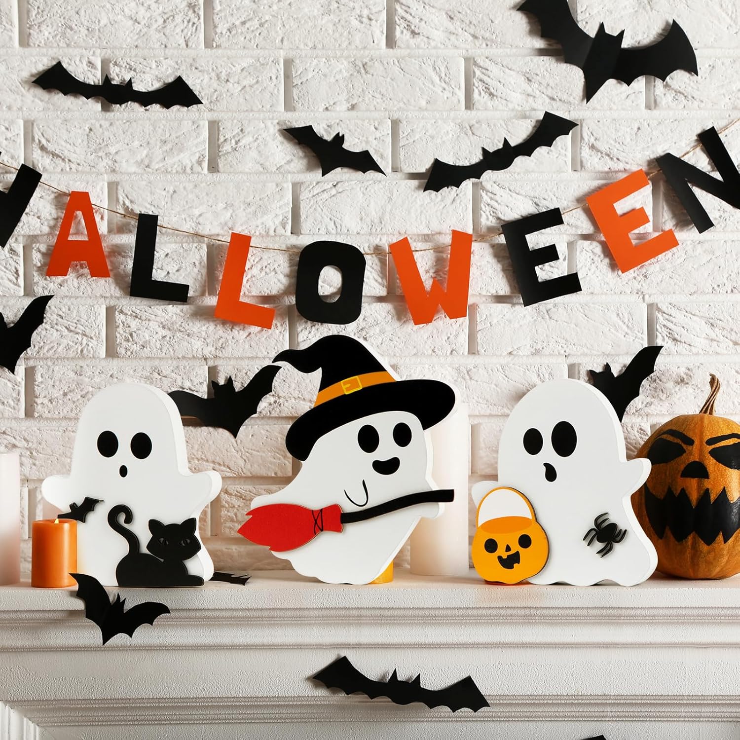 🎃 Spooky Cute Wooden Halloween Sign Set – 3-Piece Tiered Tray Decor 🦇🐱