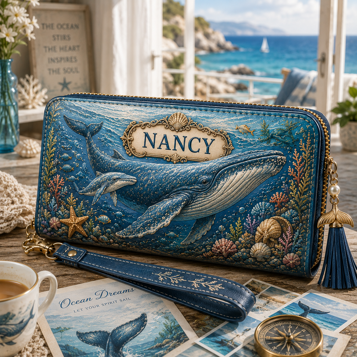 Personalized Ocean Life Zip-Around Wristlet Wallet 🌊🐢
