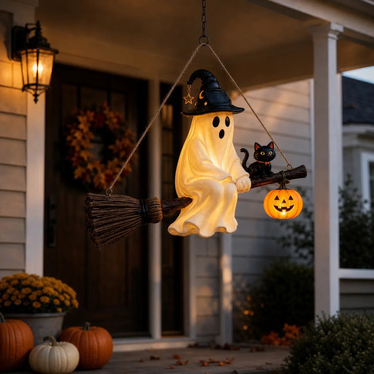 👻Cute Solar Ghost Witch Broom Hanging Light✨