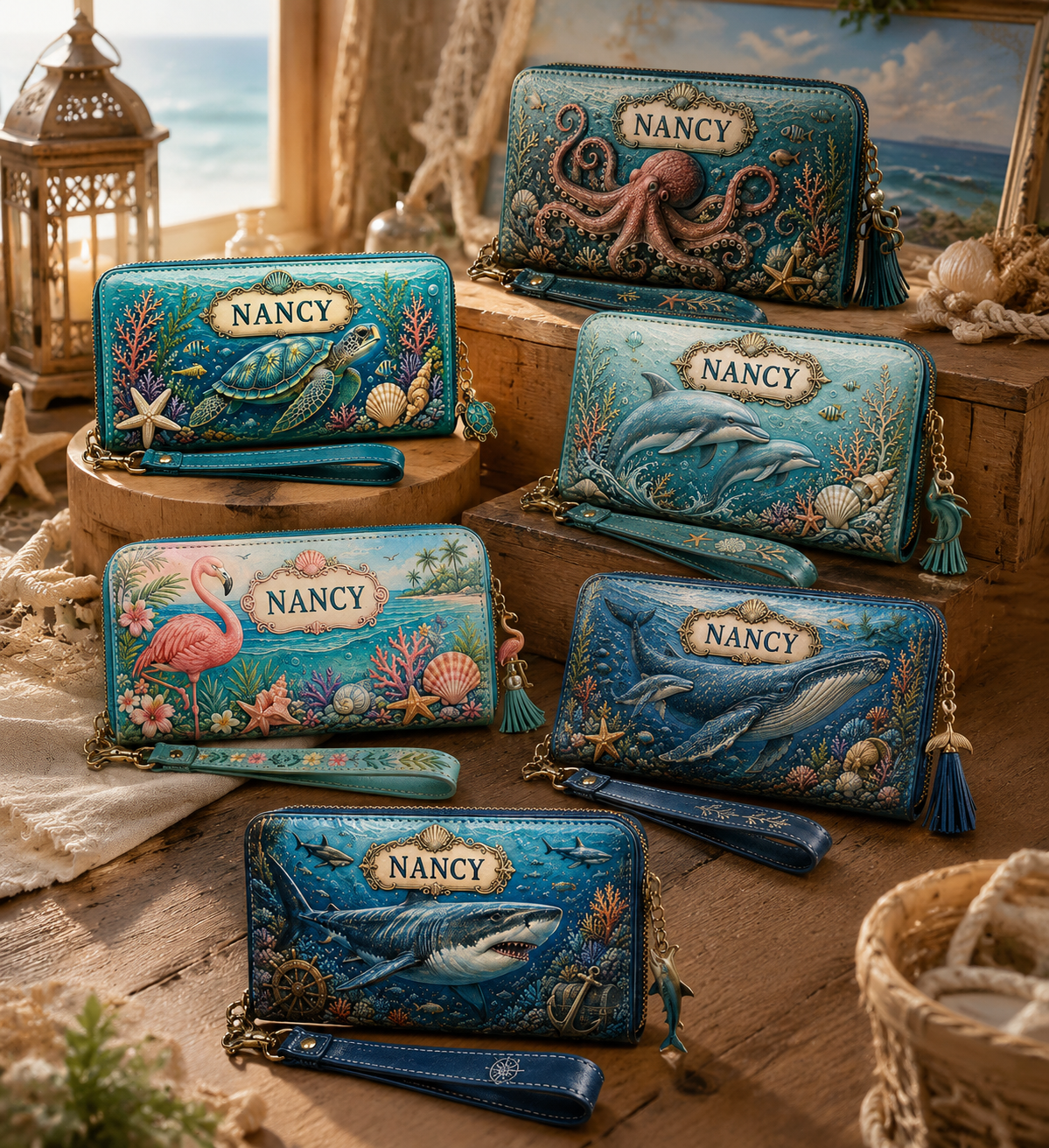 Personalized Ocean Life Zip-Around Wristlet Wallet 🌊🐢