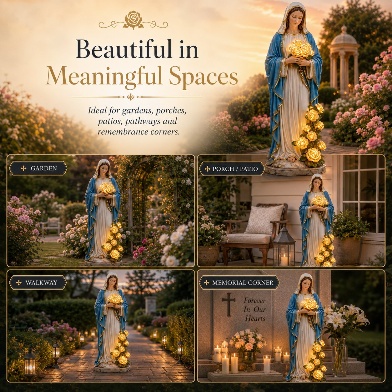✝️Solar Virgin Mary Statue With Glowing Golden Rose Lights✨