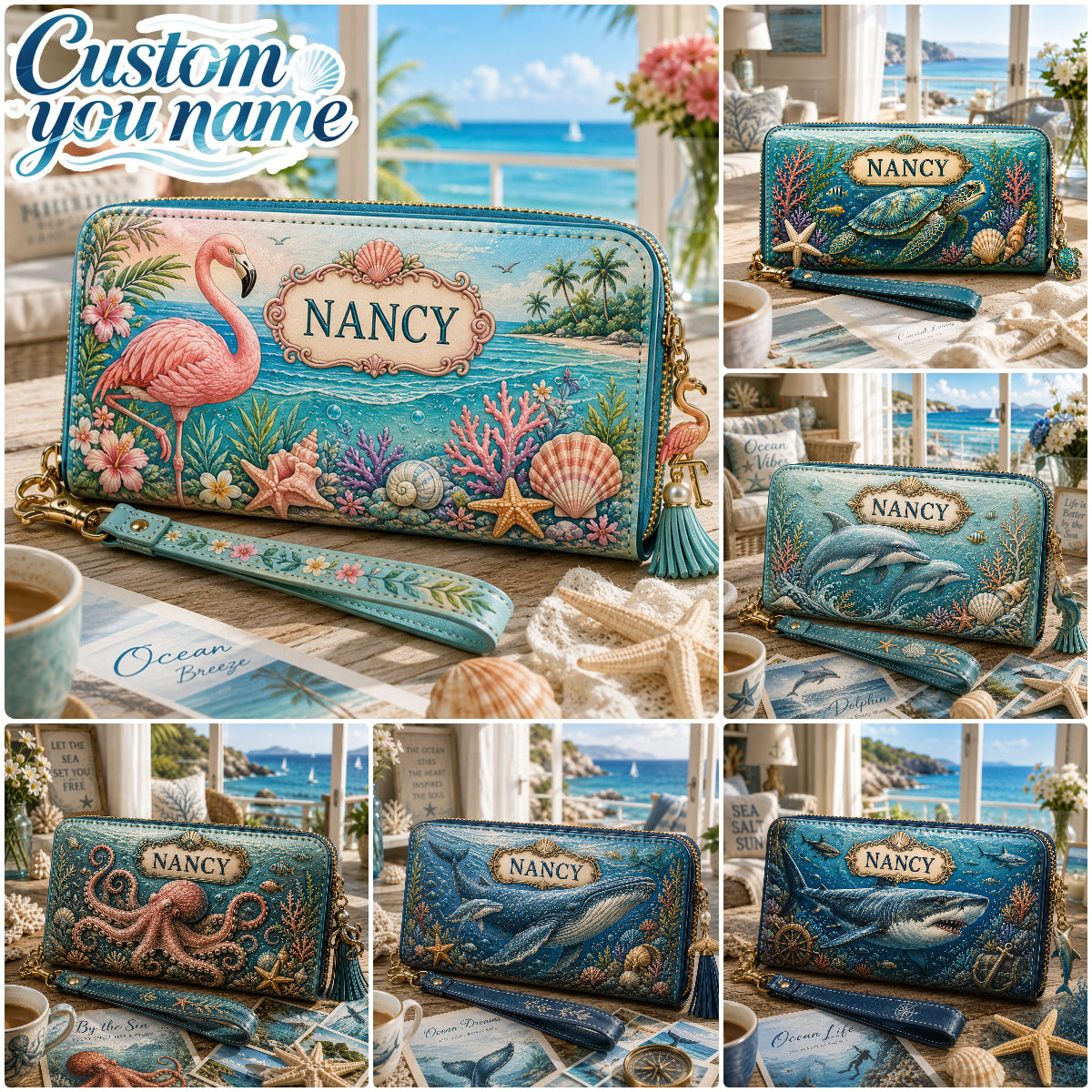 Personalized Ocean Life Zip-Around Wristlet Wallet 🌊🐢
