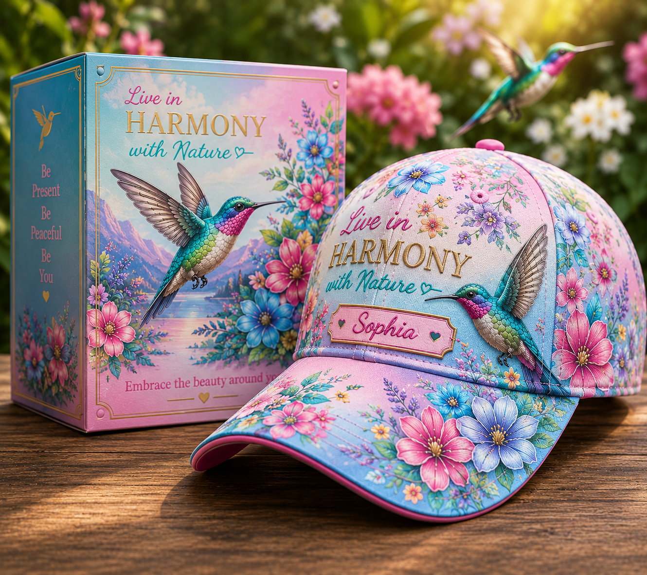 Personalized Live In Harmony With Nature Hummingbird Floral Baseball Cap 🐦🌸