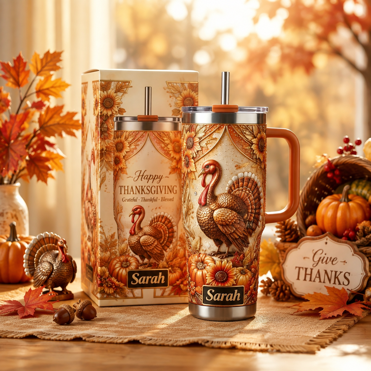 Personalized Happy Thanksgiving Turkey Tumbler 🦃🍁
