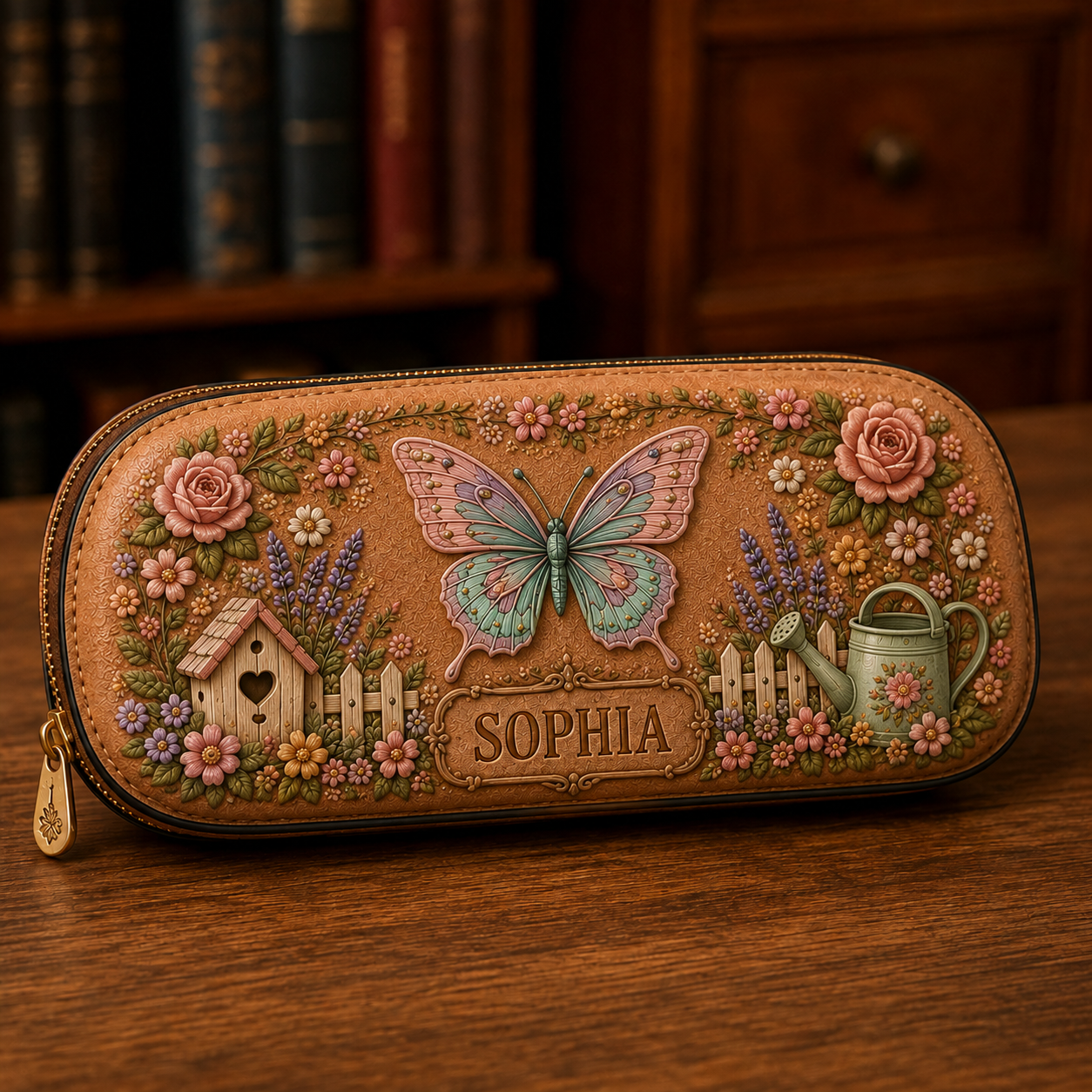 Personalized Vintage Garden Leather Eyeglass Case 🦋🌸