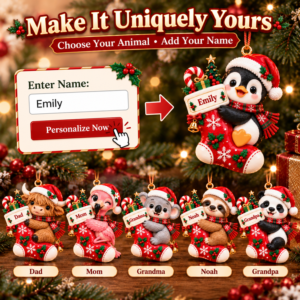 Personalized Christmas Stocking Animal Ornament 🎄🐼