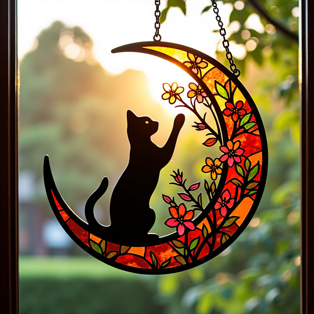 🌙🐈‍⬛ Black Cat & Floral Stained Glass-Style Window Hanging