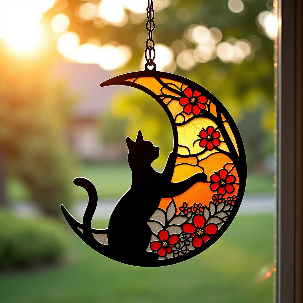 🌙🐈‍⬛ Black Cat & Floral Stained Glass-Style Window Hanging