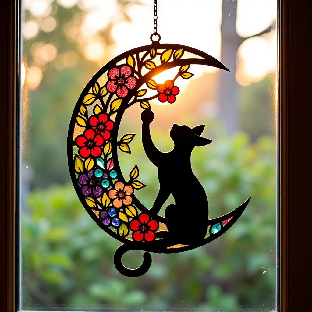 🌙🐈‍⬛ Black Cat & Floral Stained Glass-Style Window Hanging