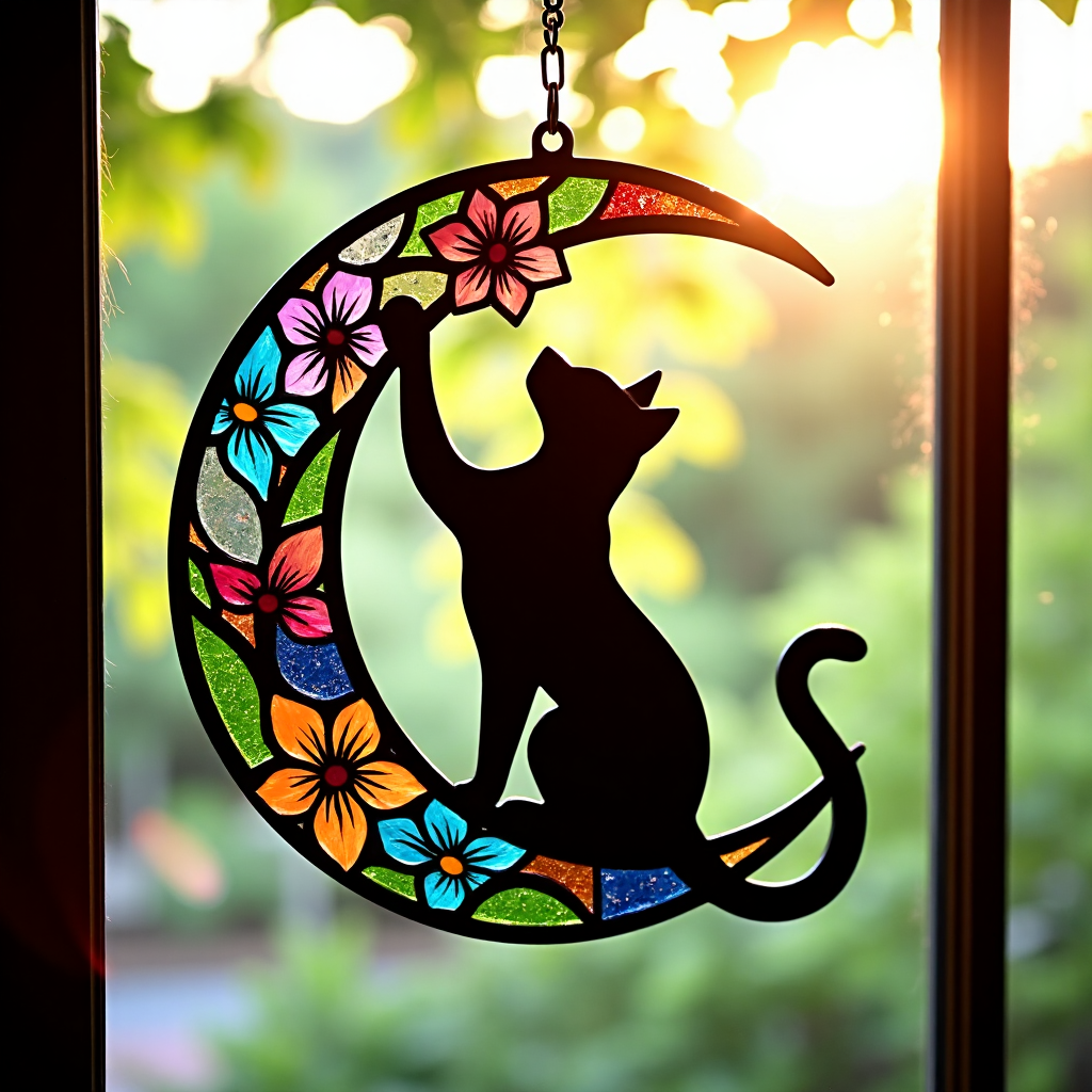 🌙🐈‍⬛ Black Cat & Floral Stained Glass-Style Window Hanging