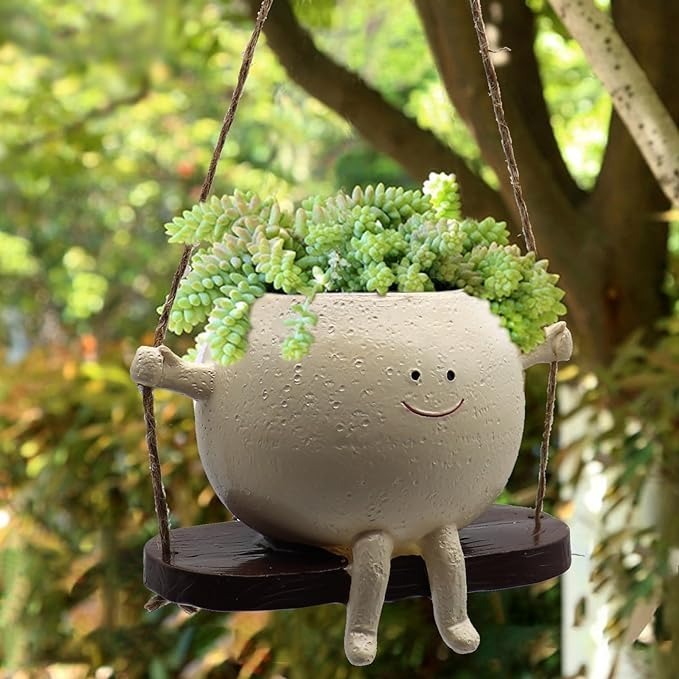 🔥HOT SALE😍🌱Swing Smile Face Planter Pot Hanging Resin Flower Head Planters 🌱