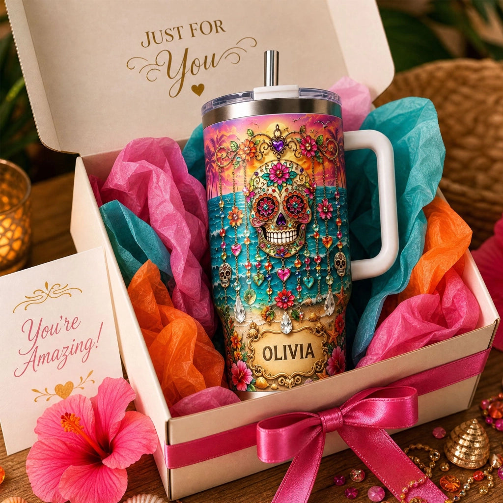 💀 Personalized Sugar Skull Beach Tumbler
