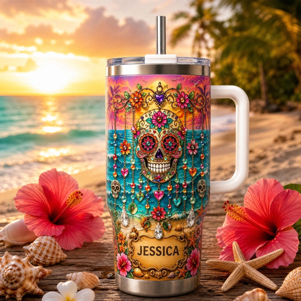 💀 Personalized Sugar Skull Beach Tumbler