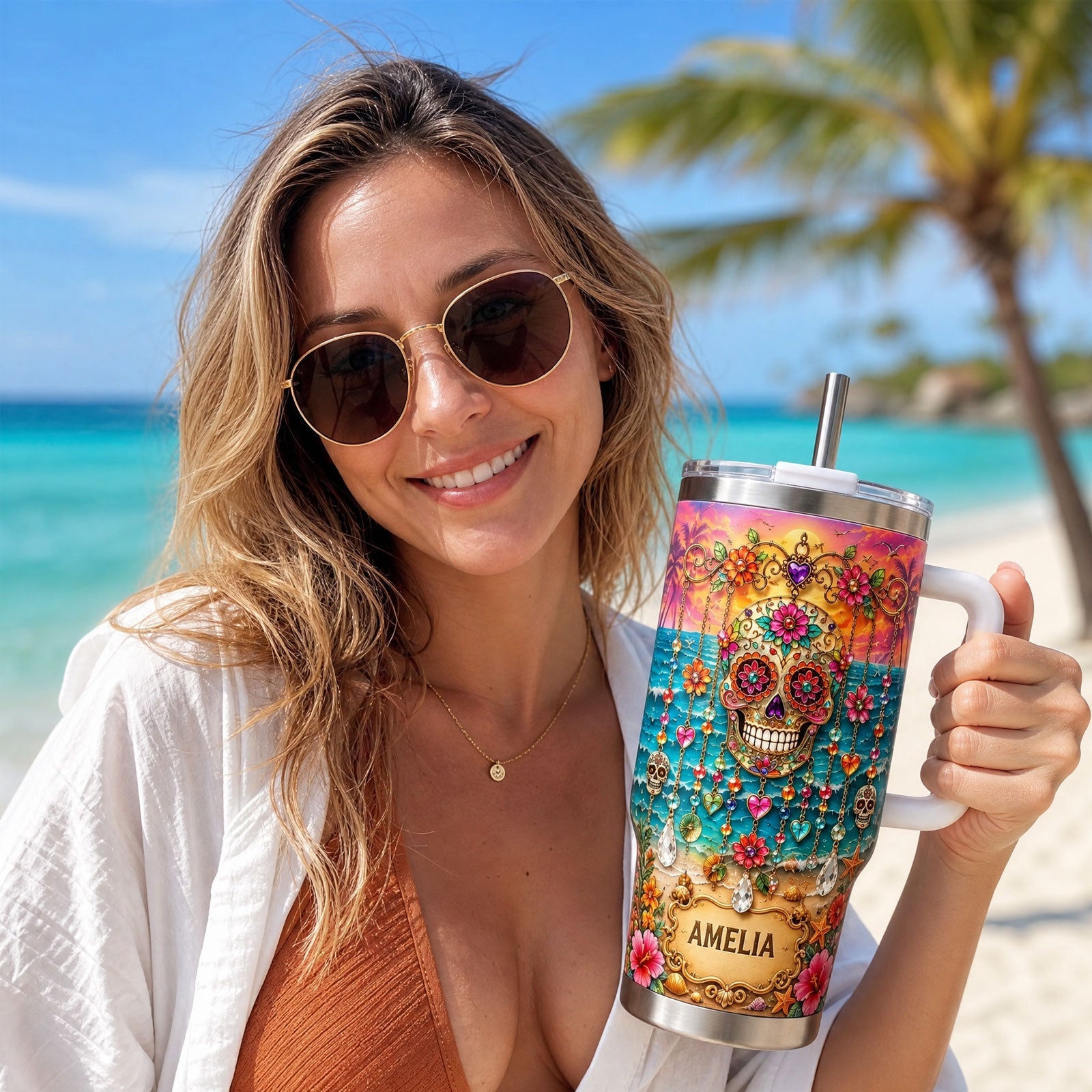 💀 Personalized Sugar Skull Beach Tumbler