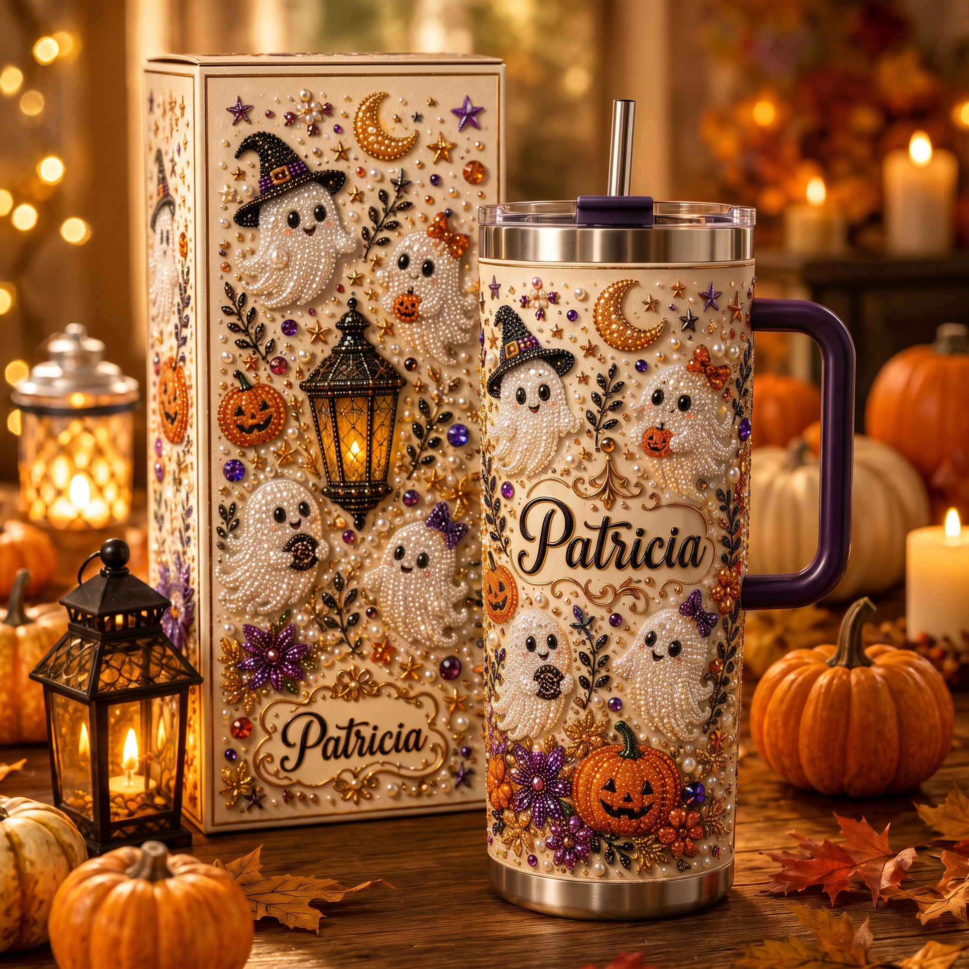 🎃 Personalized Halloween Ghost Pearl Tumbler – A Spooky-Cute Gift Made Just For Her 👻🥤