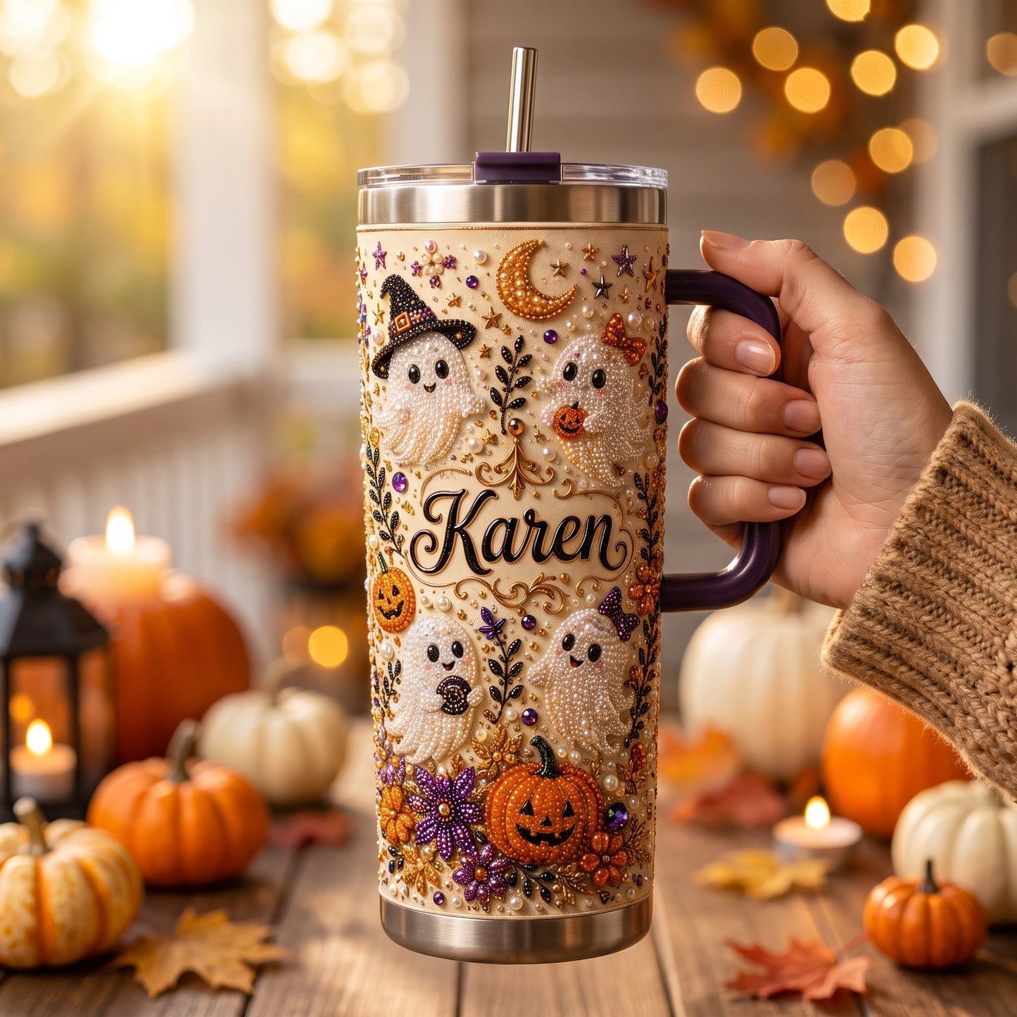 🎃 Personalized Halloween Ghost Pearl Tumbler – A Spooky-Cute Gift Made Just For Her 👻🥤