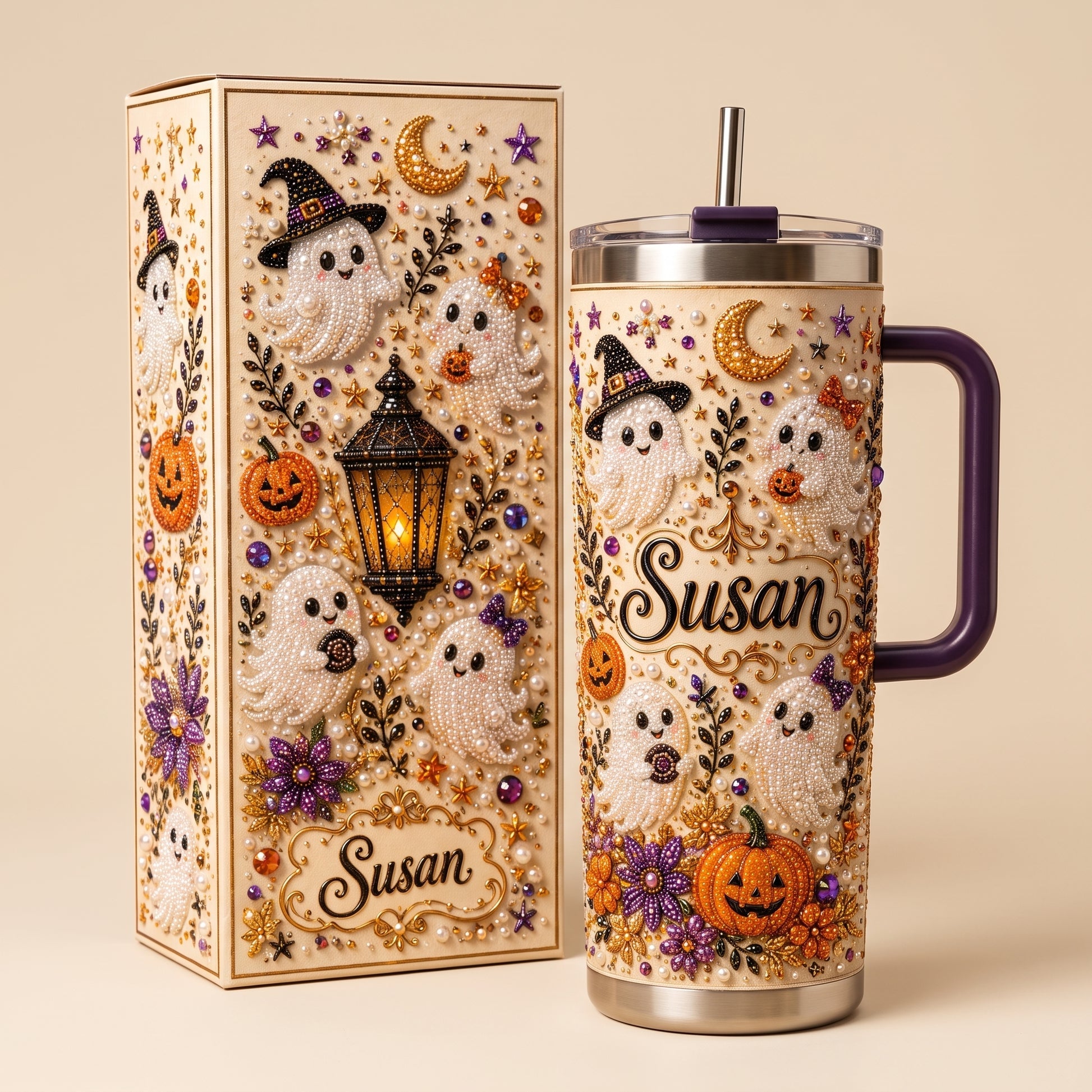 🎃 Personalized Halloween Ghost Pearl Tumbler – A Spooky-Cute Gift Made Just For Her 👻🥤