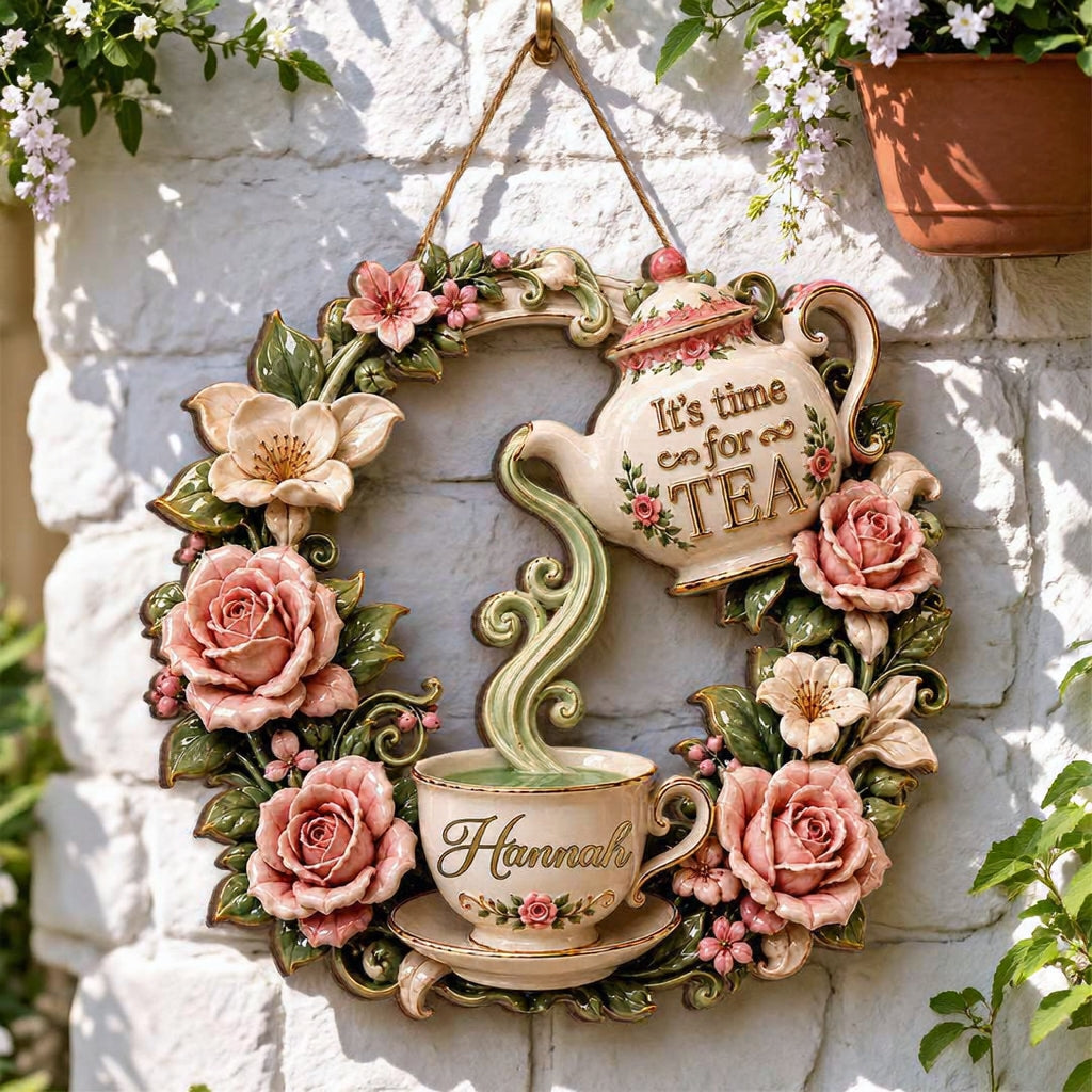🌸Personalized Vintage Tea Time Wooden Wreath Sign☕✨