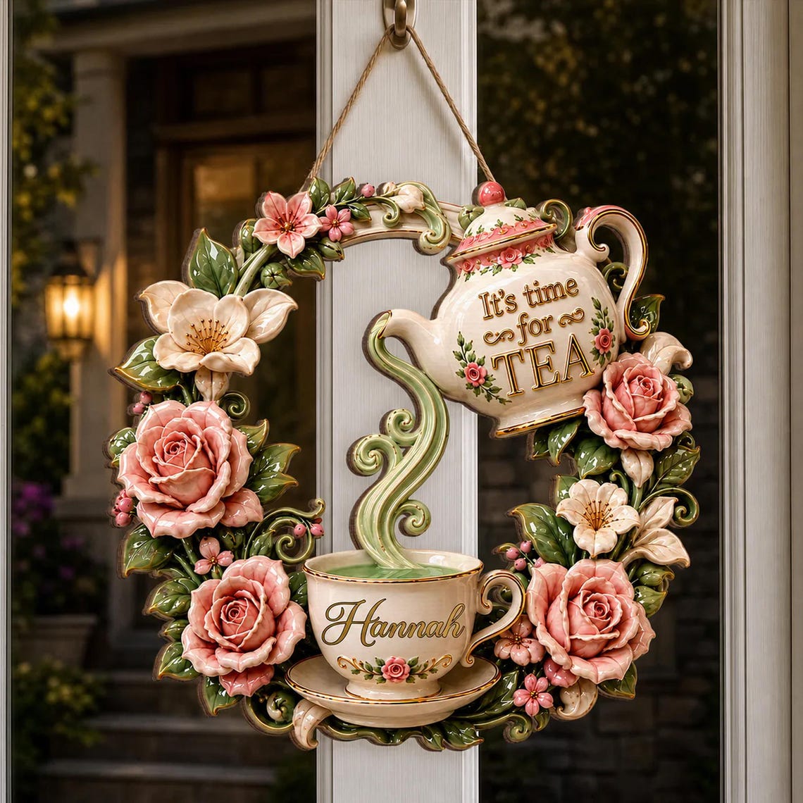 🌸Personalized Vintage Tea Time Wooden Wreath Sign☕✨