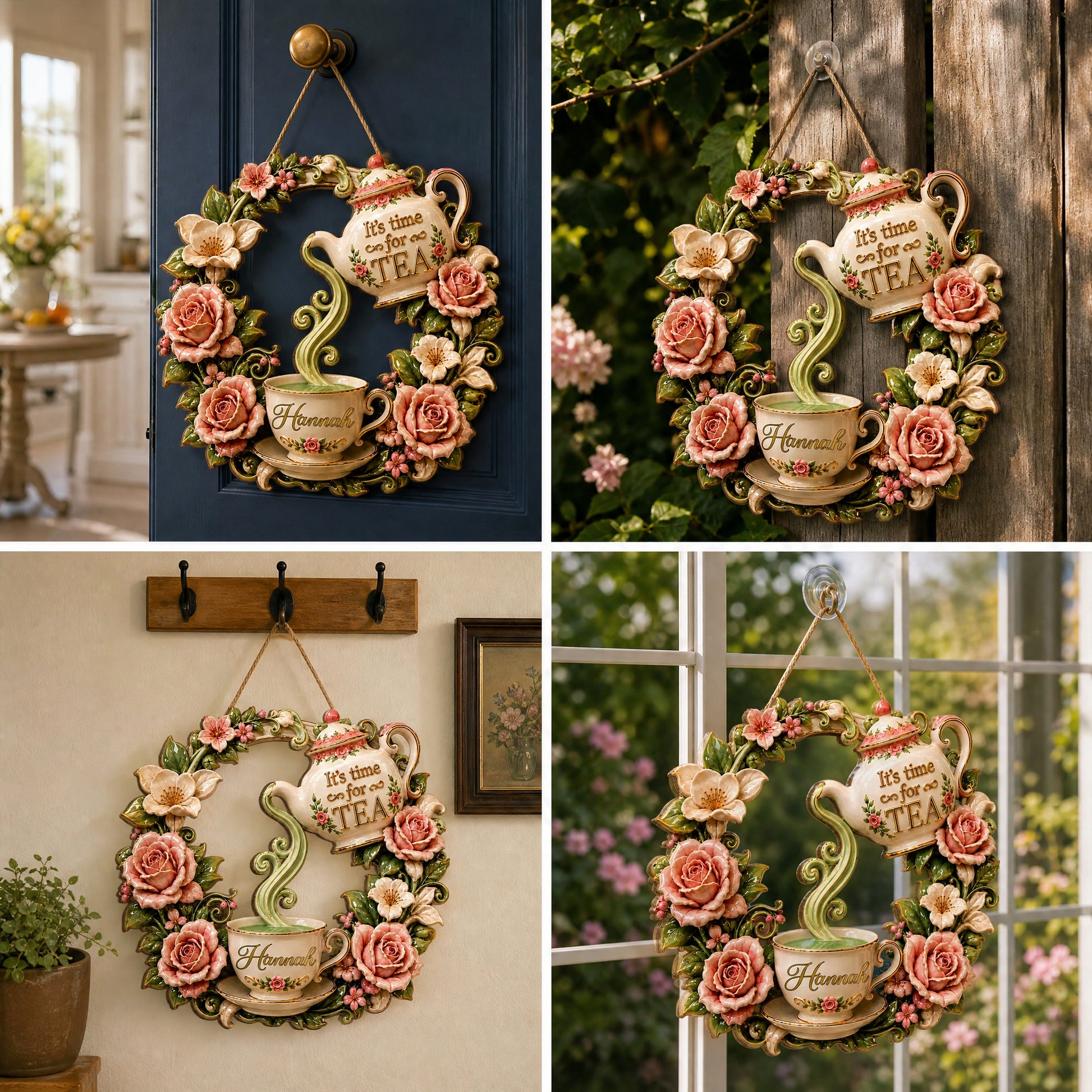 🌸Personalized Vintage Tea Time Wooden Wreath Sign☕✨