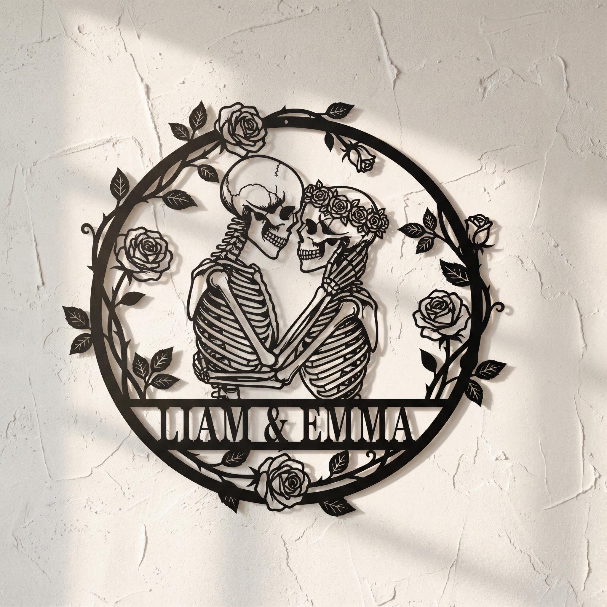 Custom Skeleton Couple Metal Sign, Personalized Skull Name Sign