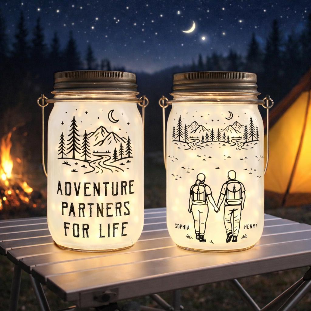 Custom Camping Couple Mason Jar Light, Adventure Partners For Life, Hiking Couple, Anniversary Gift