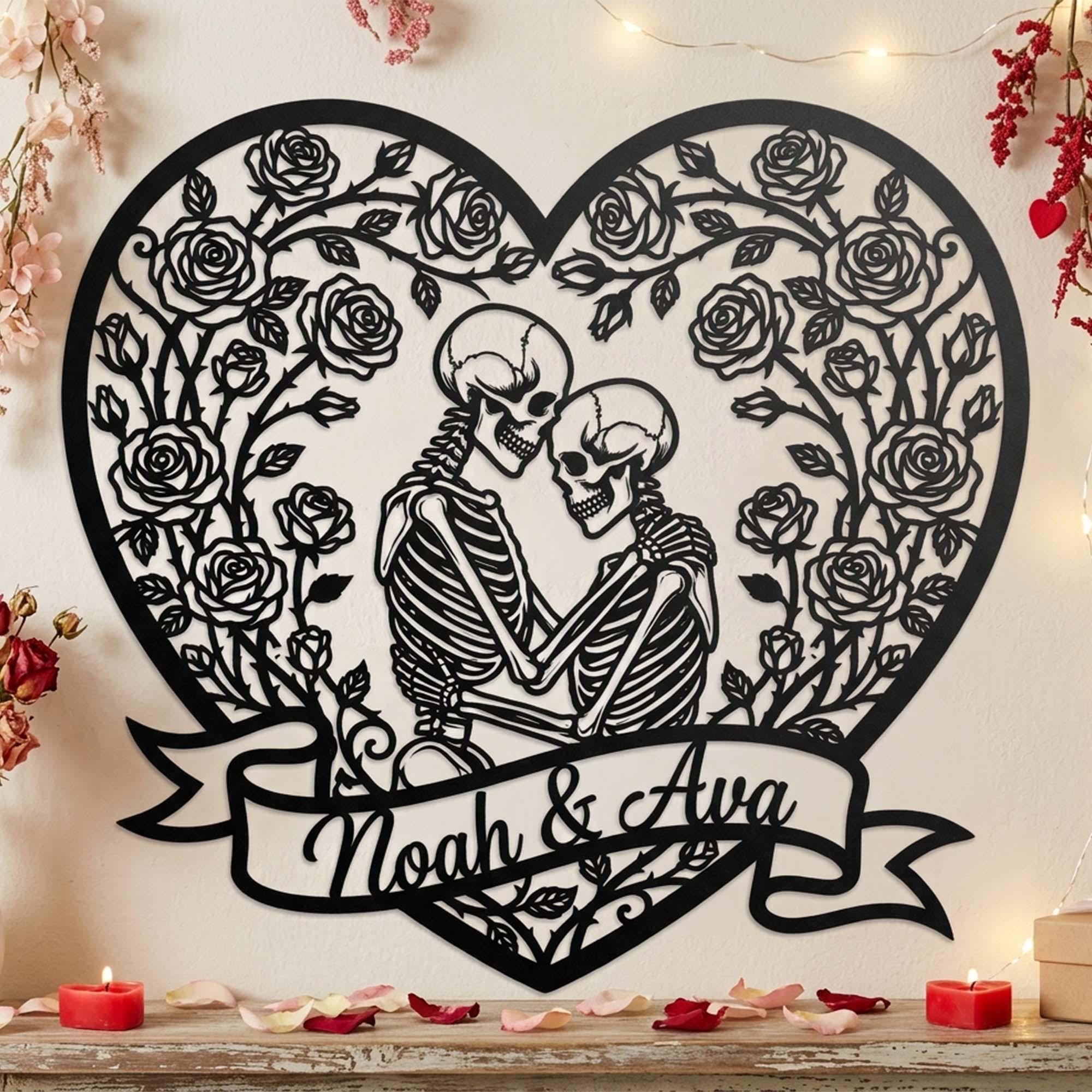Custom Skeleton Couple Metal Sign, Personalized Skull Name Sign