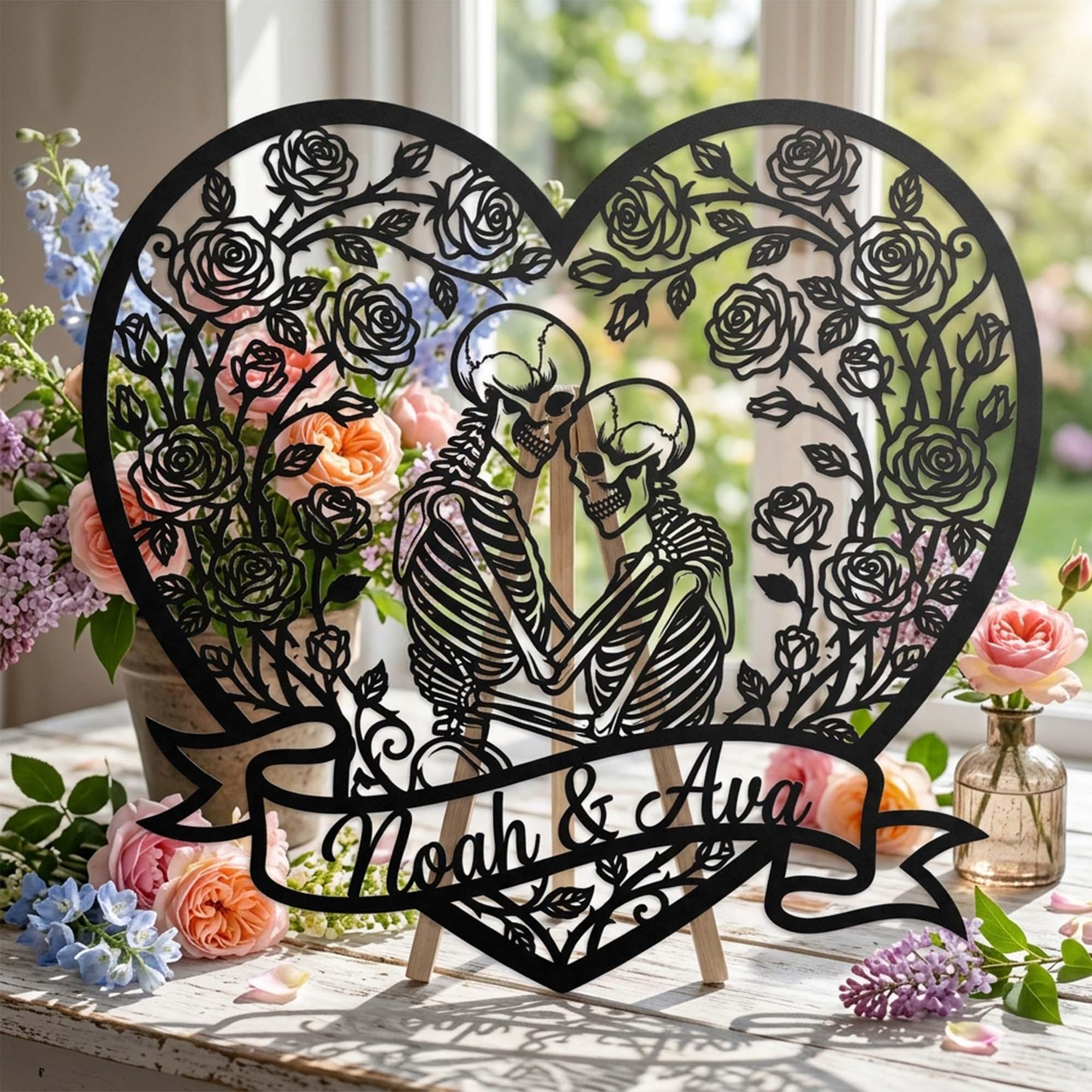 Custom Skeleton Couple Metal Sign, Personalized Skull Name Sign