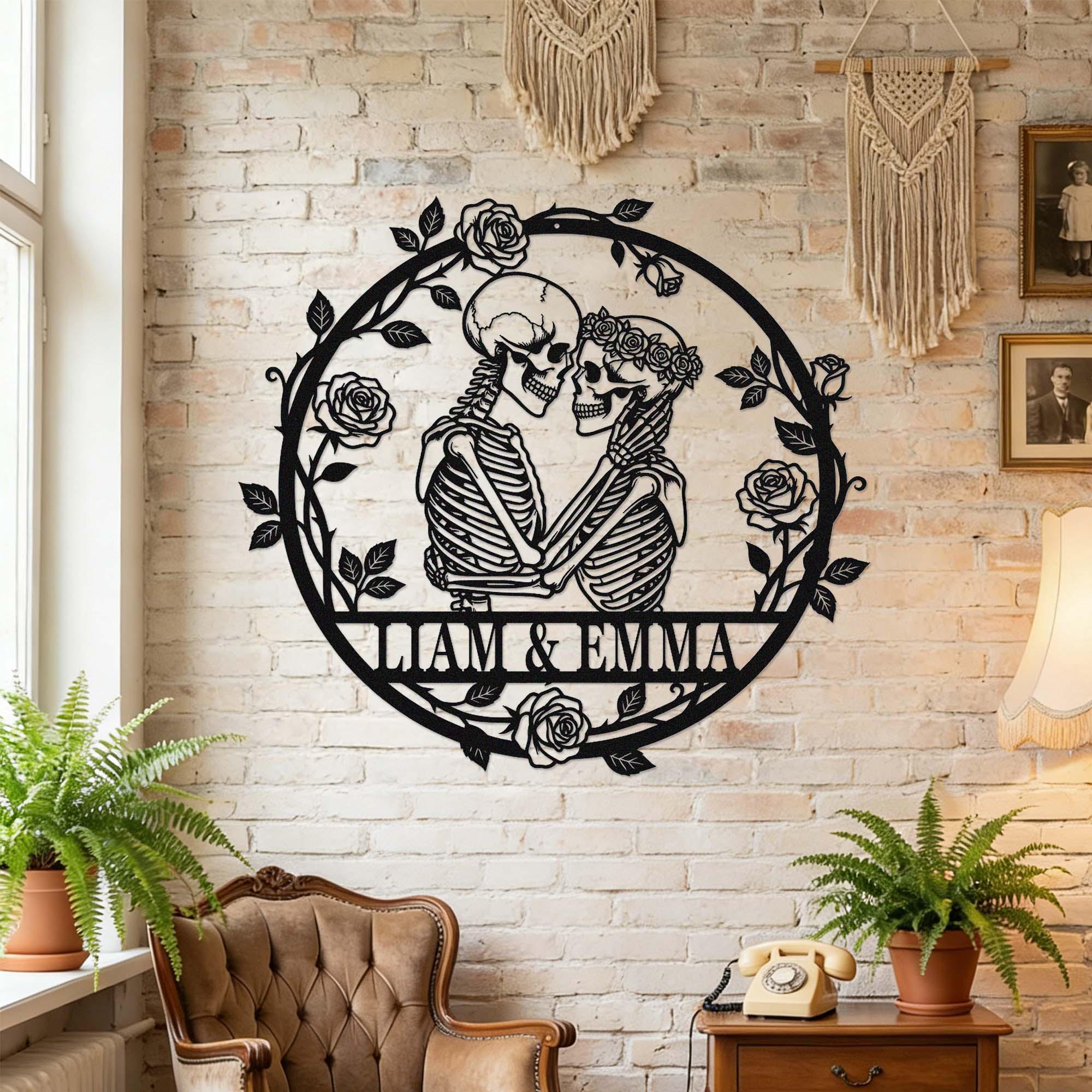 Custom Skeleton Couple Metal Sign, Personalized Skull Name Sign