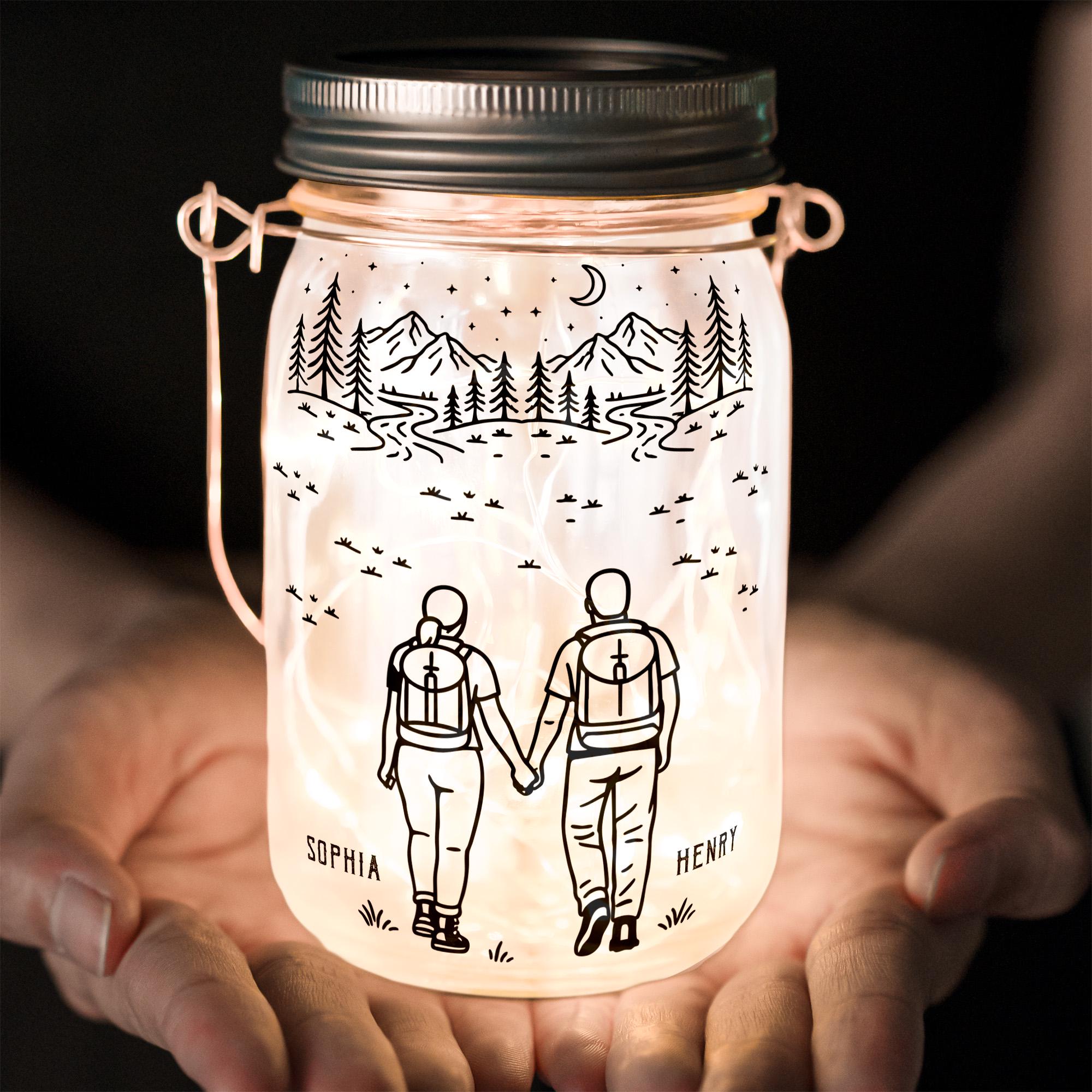 Custom Camping Couple Mason Jar Light, Adventure Partners For Life, Hiking Couple, Anniversary Gift