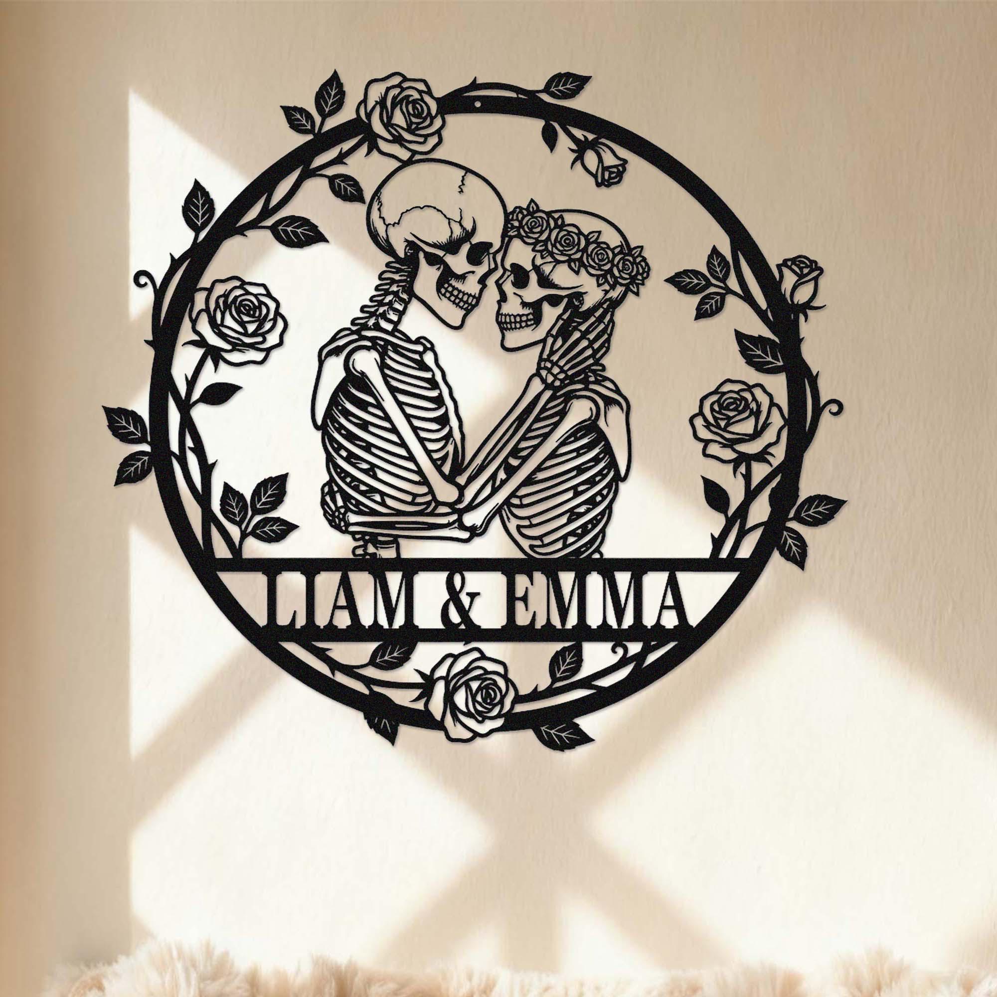 Custom Skeleton Couple Metal Sign, Personalized Skull Name Sign