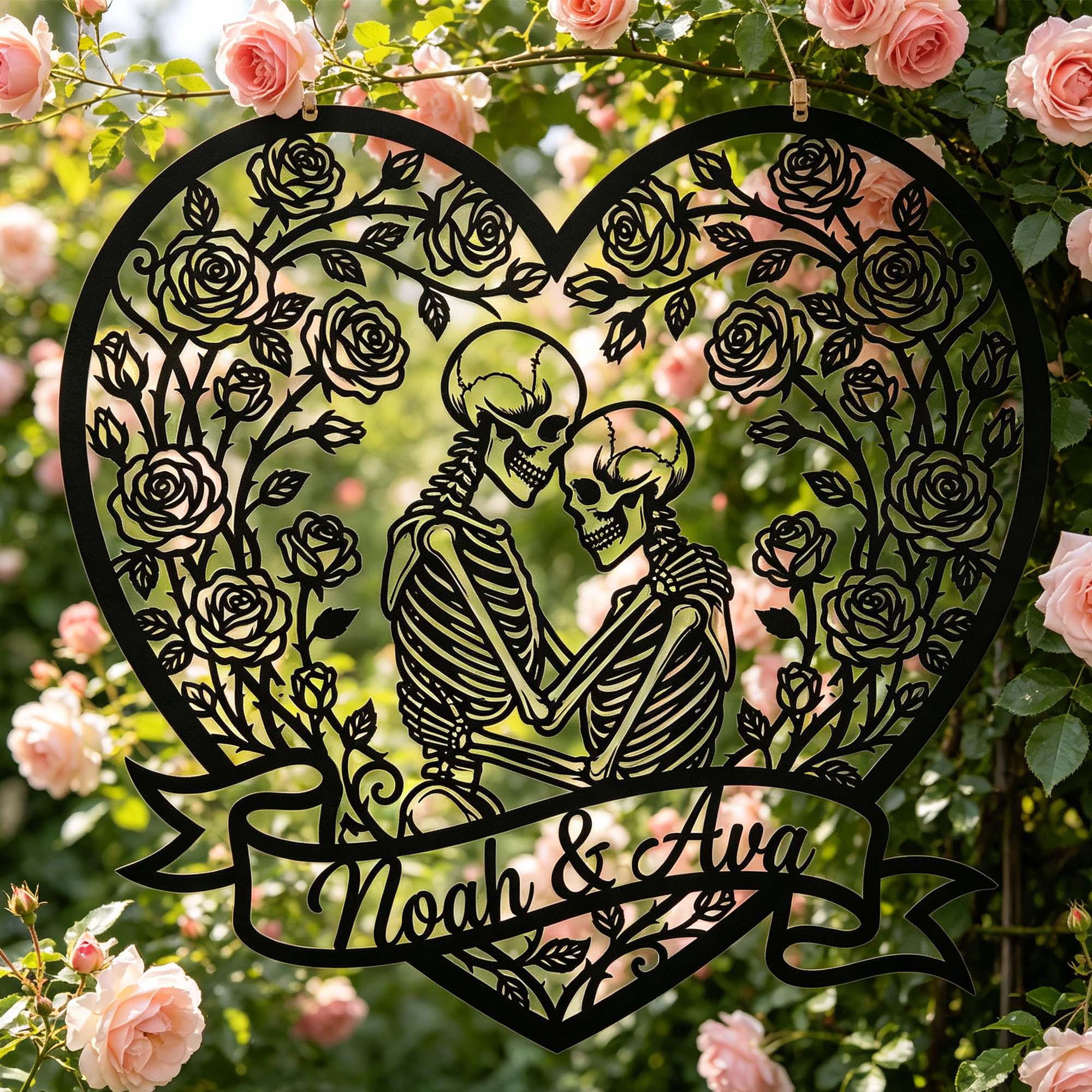 Custom Skeleton Couple Metal Sign, Personalized Skull Name Sign