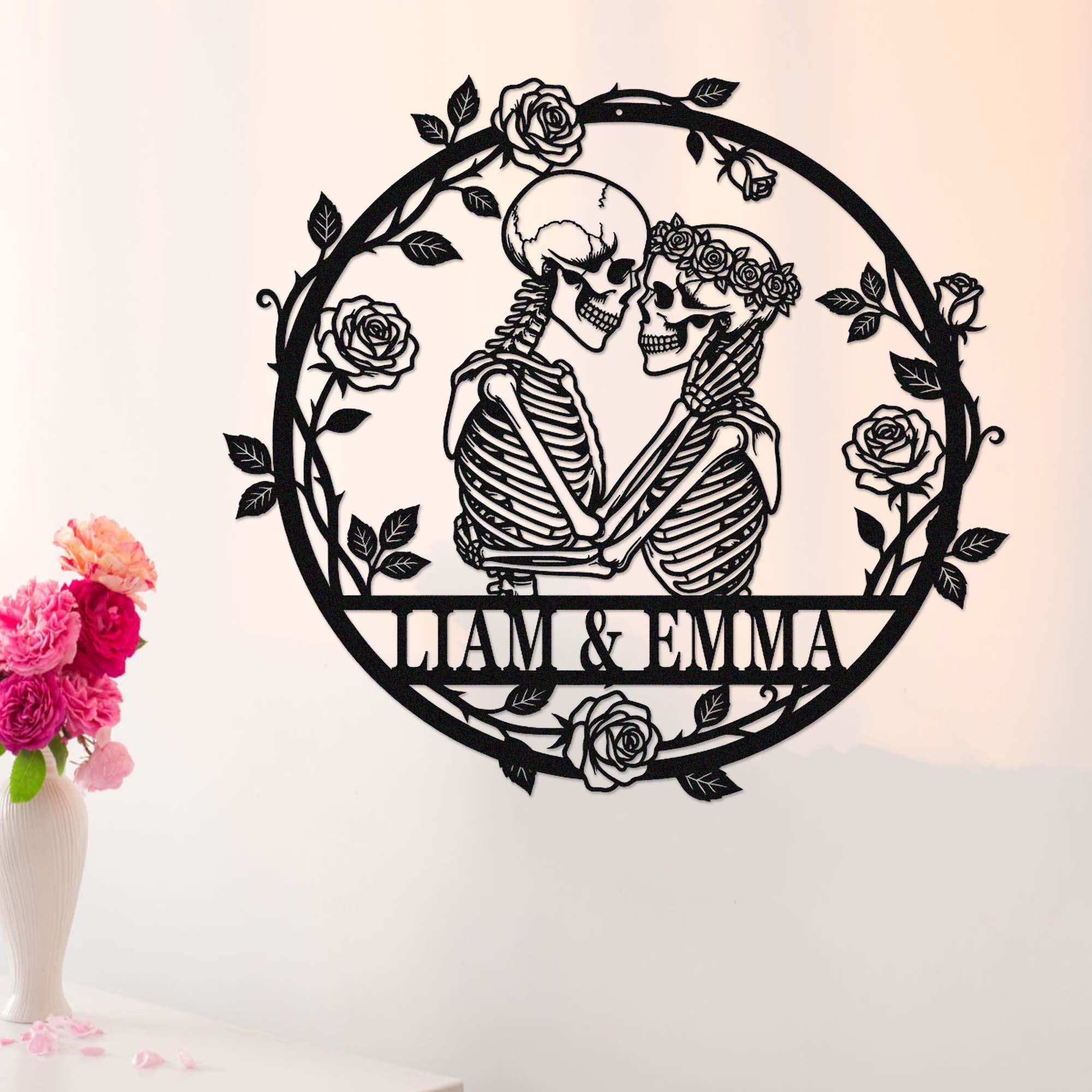 Custom Skeleton Couple Metal Sign, Personalized Skull Name Sign