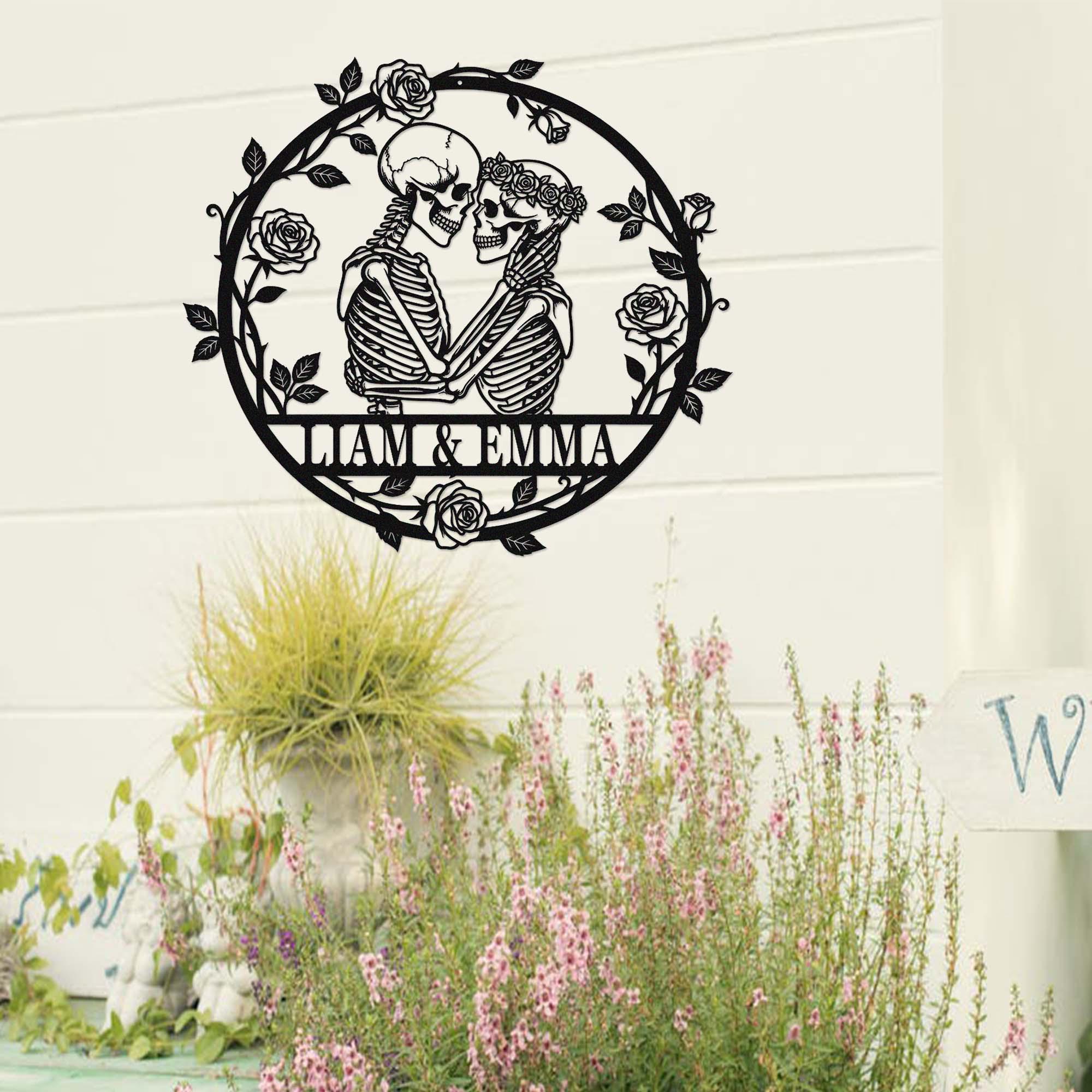 Custom Skeleton Couple Metal Sign, Personalized Skull Name Sign