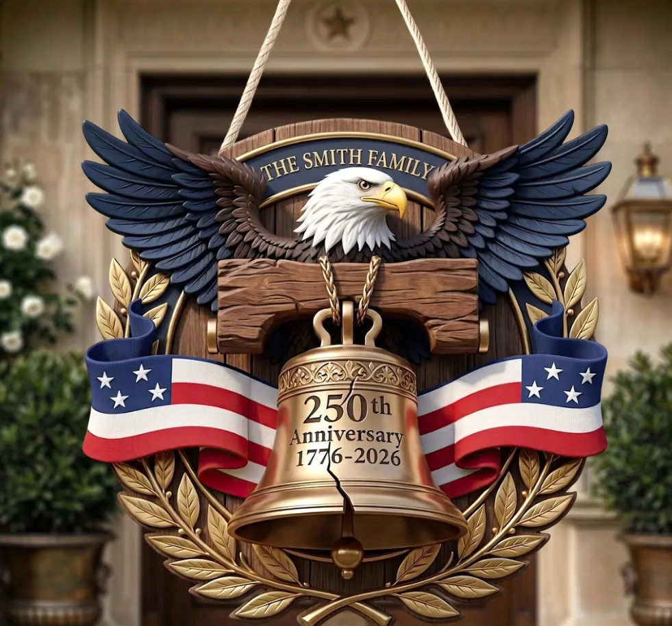Personalized America 250th Anniversary Eagle Door Sign: 1776-2026 Custom Family Name Wood Wreath