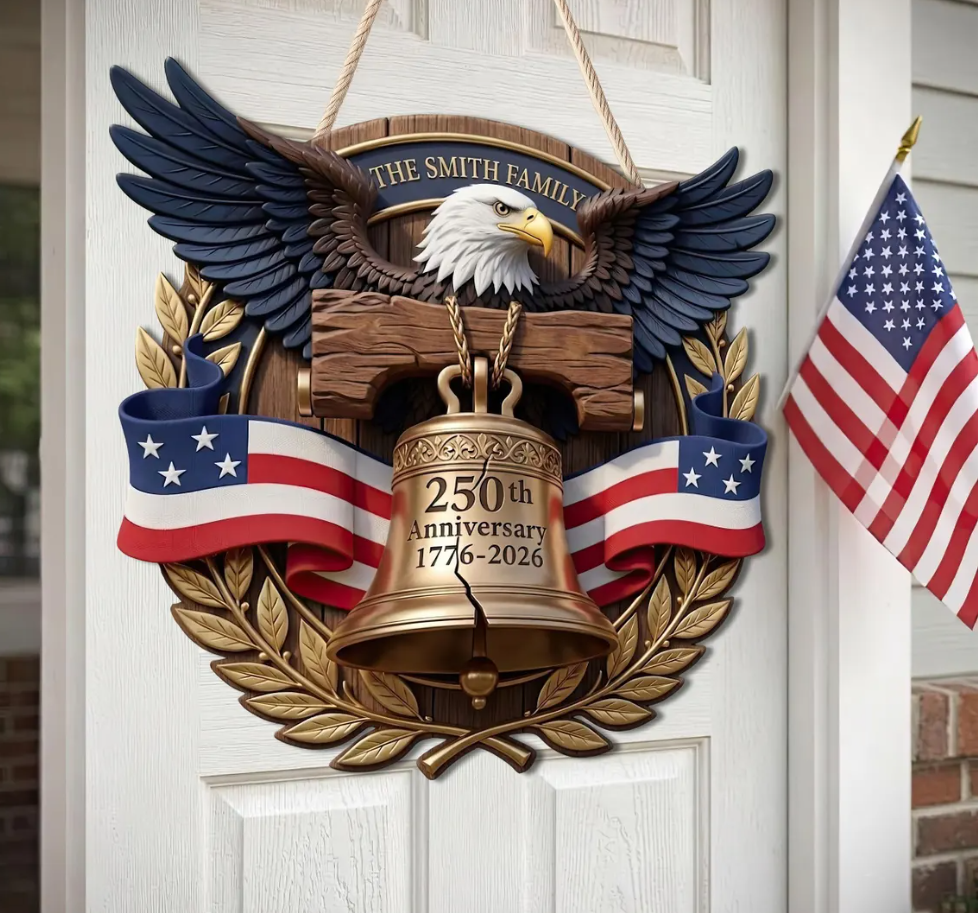Personalized America 250th Anniversary Eagle Door Sign: 1776-2026 Custom Family Name Wood Wreath
