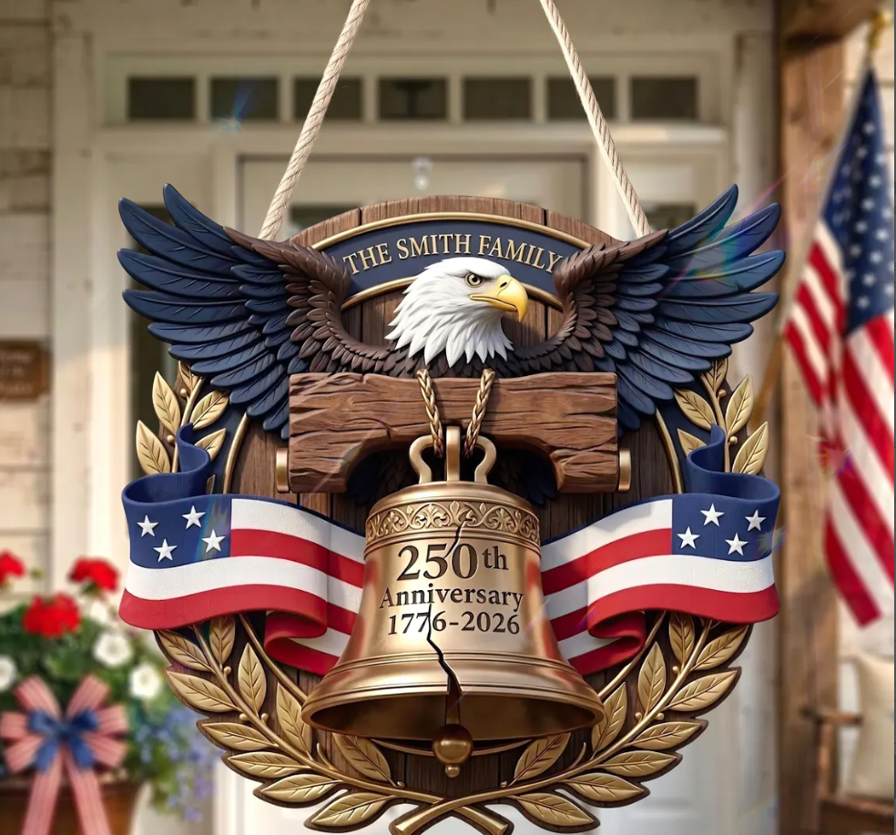 Personalized America 250th Anniversary Eagle Door Sign: 1776-2026 Custom Family Name Wood Wreath