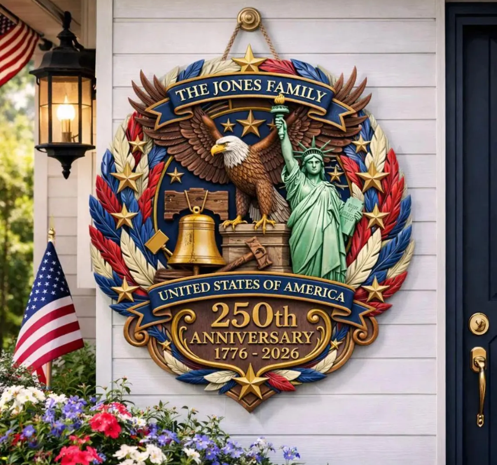 Personalized America 250th Anniversary Eagle Door Sign: 1776-2026 Custom Family Name Wood Wreath