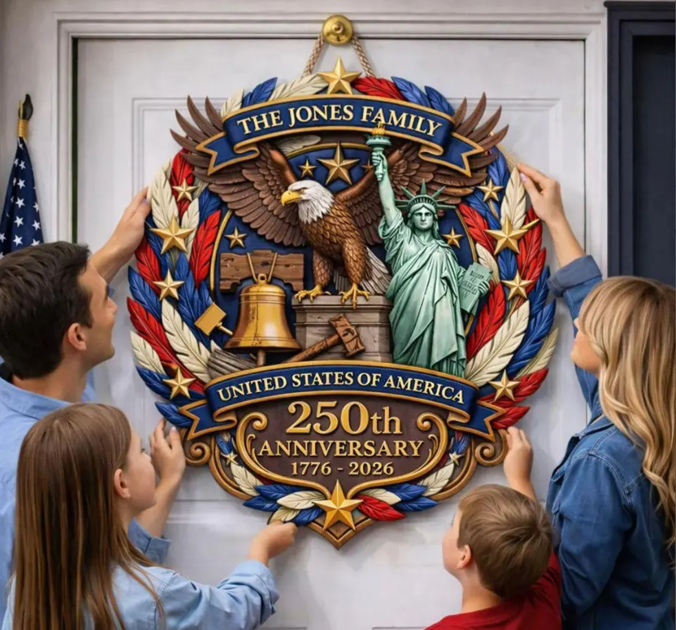 Personalized America 250th Anniversary Eagle Door Sign: 1776-2026 Custom Family Name Wood Wreath
