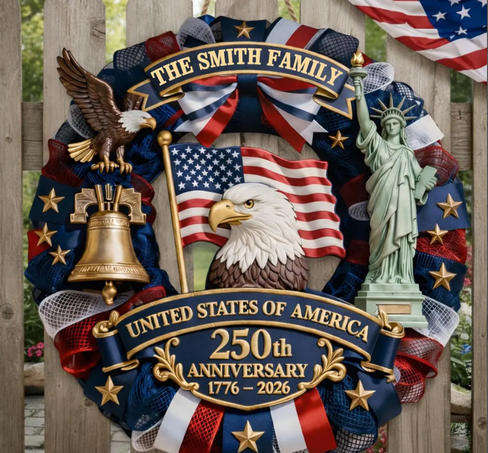 Personalized America 250th Anniversary Eagle Door Sign: 1776-2026 Custom Family Name Wood Wreath