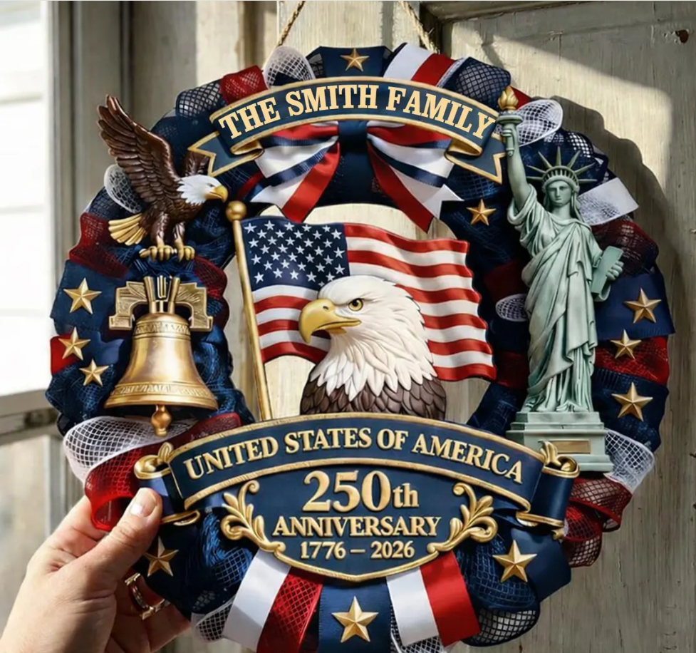 Personalized America 250th Anniversary Eagle Door Sign: 1776-2026 Custom Family Name Wood Wreath