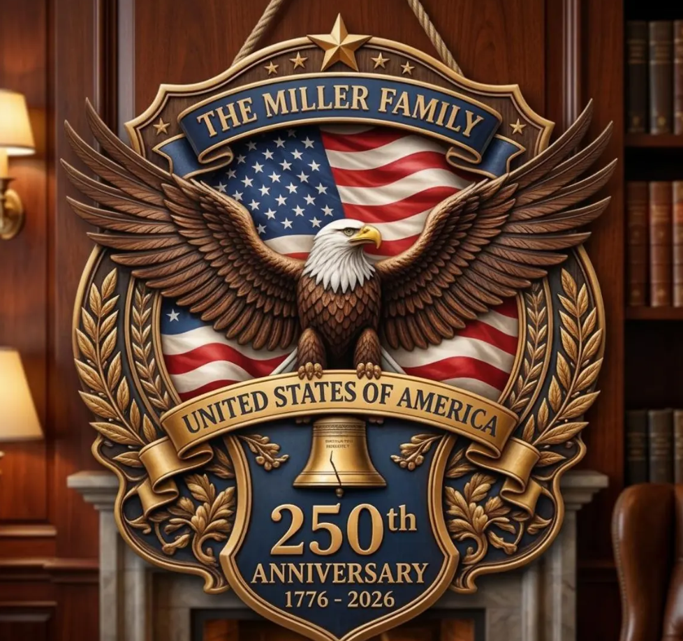 Personalized America 250th Anniversary Eagle Door Sign: 1776-2026 Custom Family Name Wood Wreath