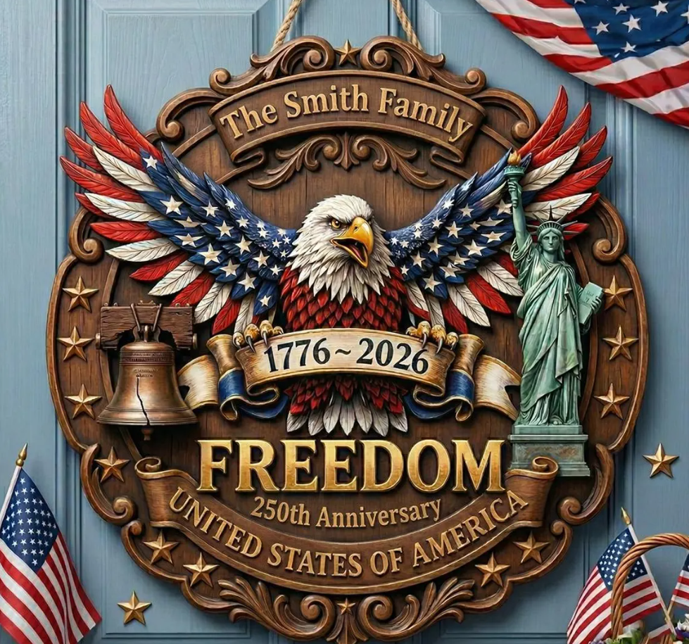 Personalized America 250th Anniversary Eagle Door Sign: 1776-2026 Custom Family Name Wood Wreath