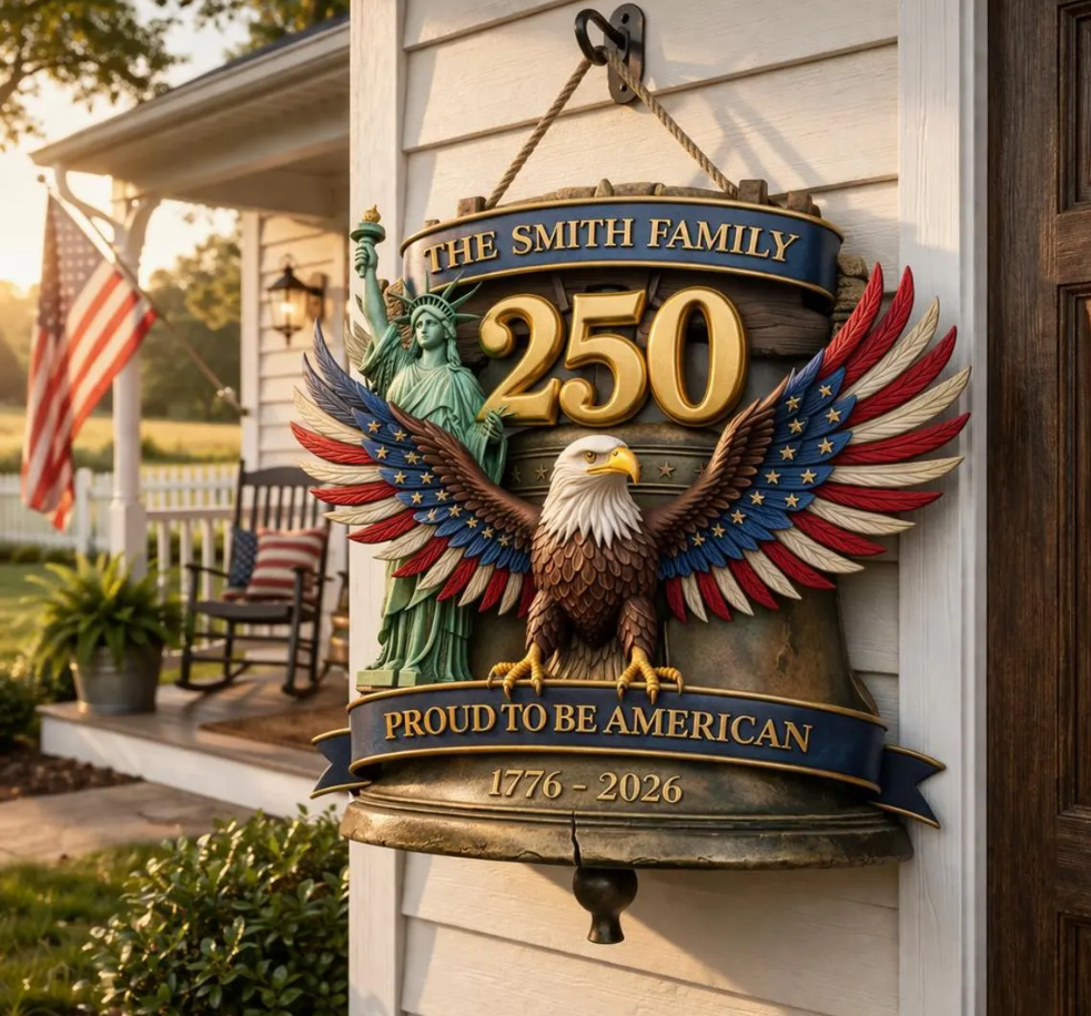 Personalized America 250th Anniversary Eagle Door Sign: 1776-2026 Custom Family Name Wood Wreath