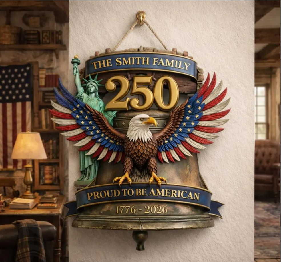 Personalized America 250th Anniversary Eagle Door Sign: 1776-2026 Custom Family Name Wood Wreath