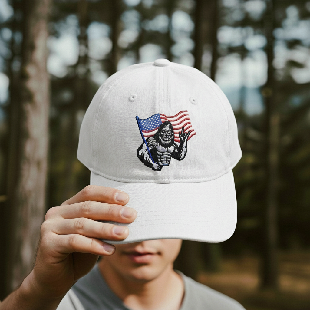 🦅🦶 Bigfoot & American Flag Trucker Hat