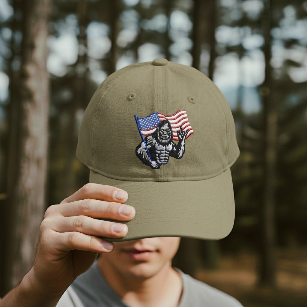 🦅🦶 Bigfoot & American Flag Trucker Hat