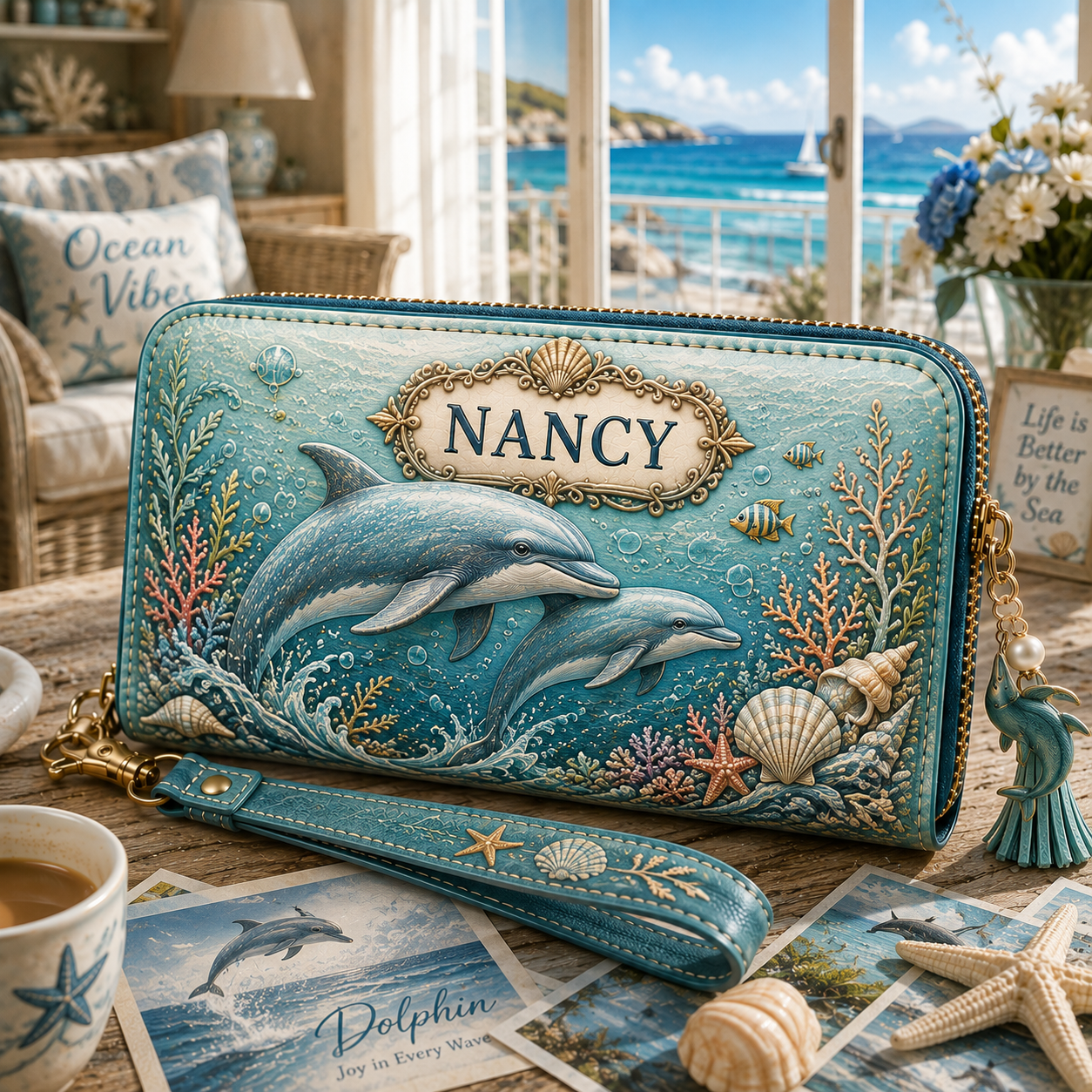 Personalized Ocean Life Zip-Around Wristlet Wallet 🌊🐢
