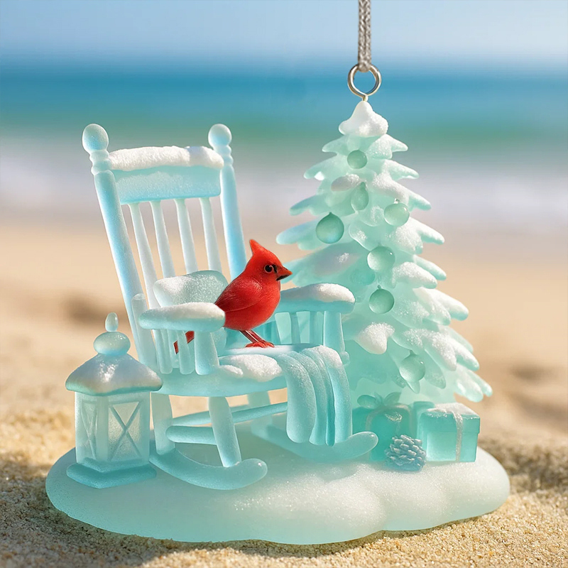 🌊🐦Cardinal Rocking Chair Sea Glass Ornament