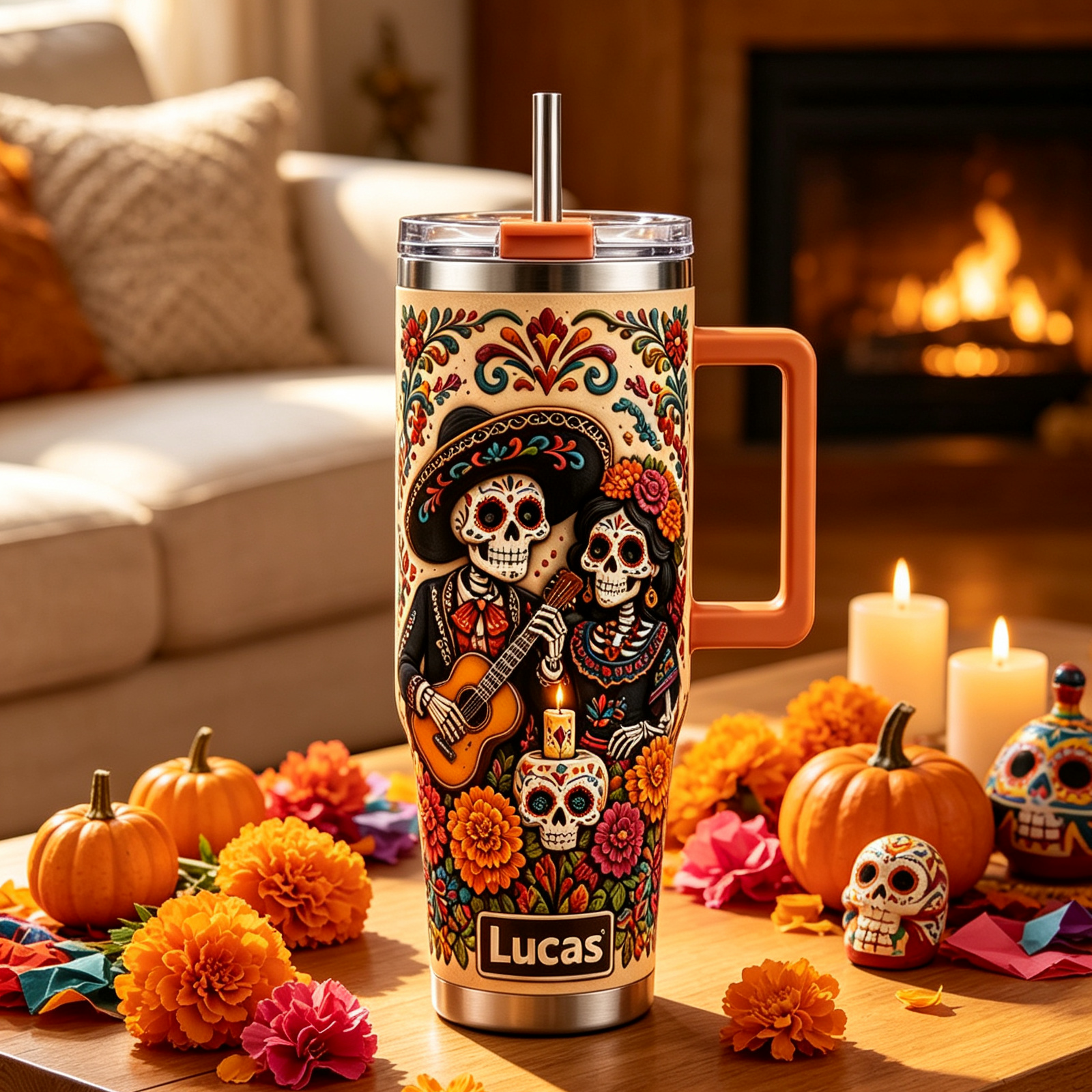 Personalized Day of the Dead Skeleton Couple Tumbler 💀🌼